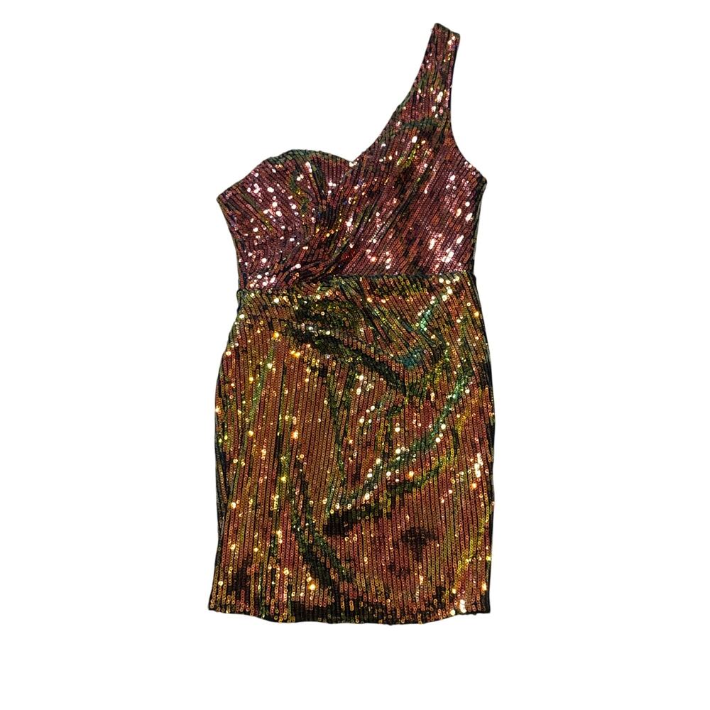 Hot & Delicious One Shoulder Sequin Mini Dress Gold Multi Party Club S